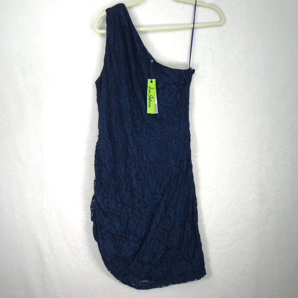 NWT Sam Edelman Womens One Shoulder Lace Ruched Dress Size 10 Navy  Bodycon - Picture 6 of 12